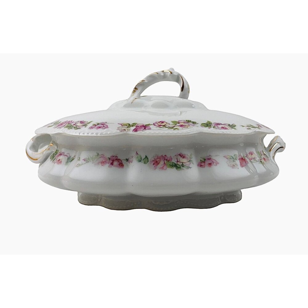 Limoges Covered Vegetable Bowl Pink Flowers Gold Accents Austria Scalloped Edge